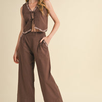 Embroidered Vest and Wide Leg Pants Set