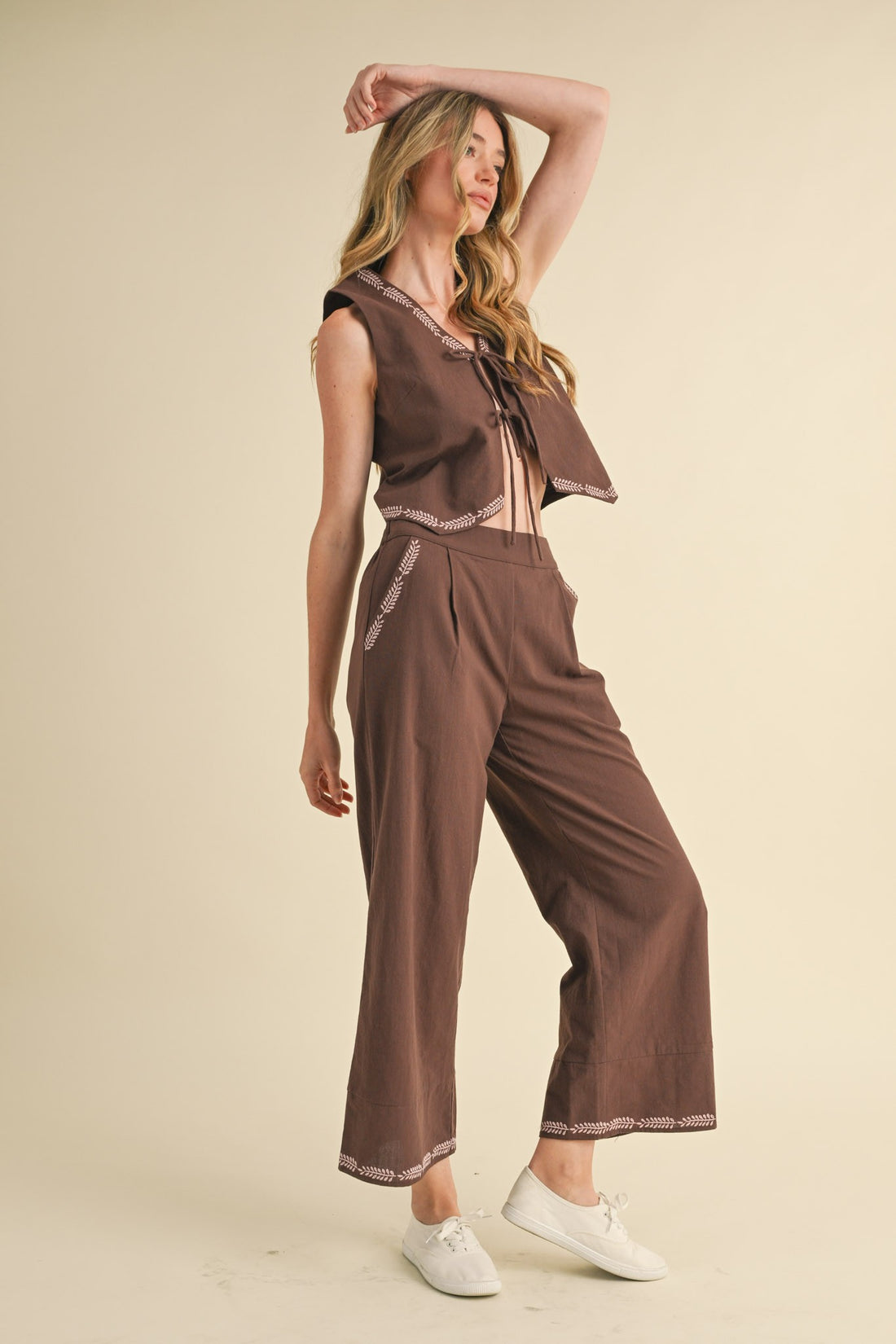 Embroidered Vest and Wide Leg Pants Set