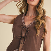 Embroidered Vest and Wide Leg Pants Set