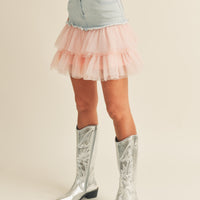 Denim Mini Skirt with Tulle