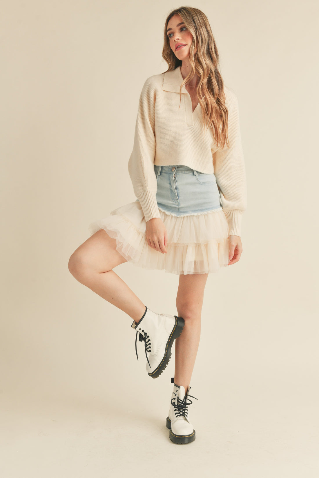 Denim Mini Skirt with Tulle