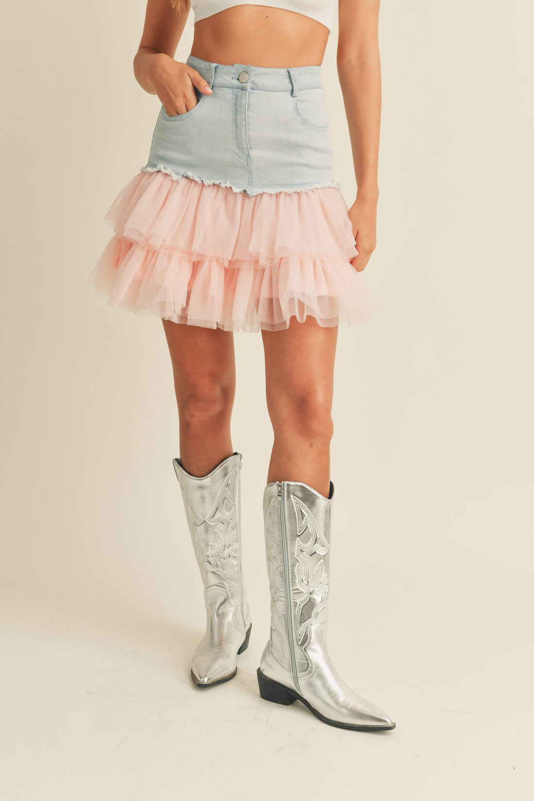 Denim Mini Skirt with Tulle