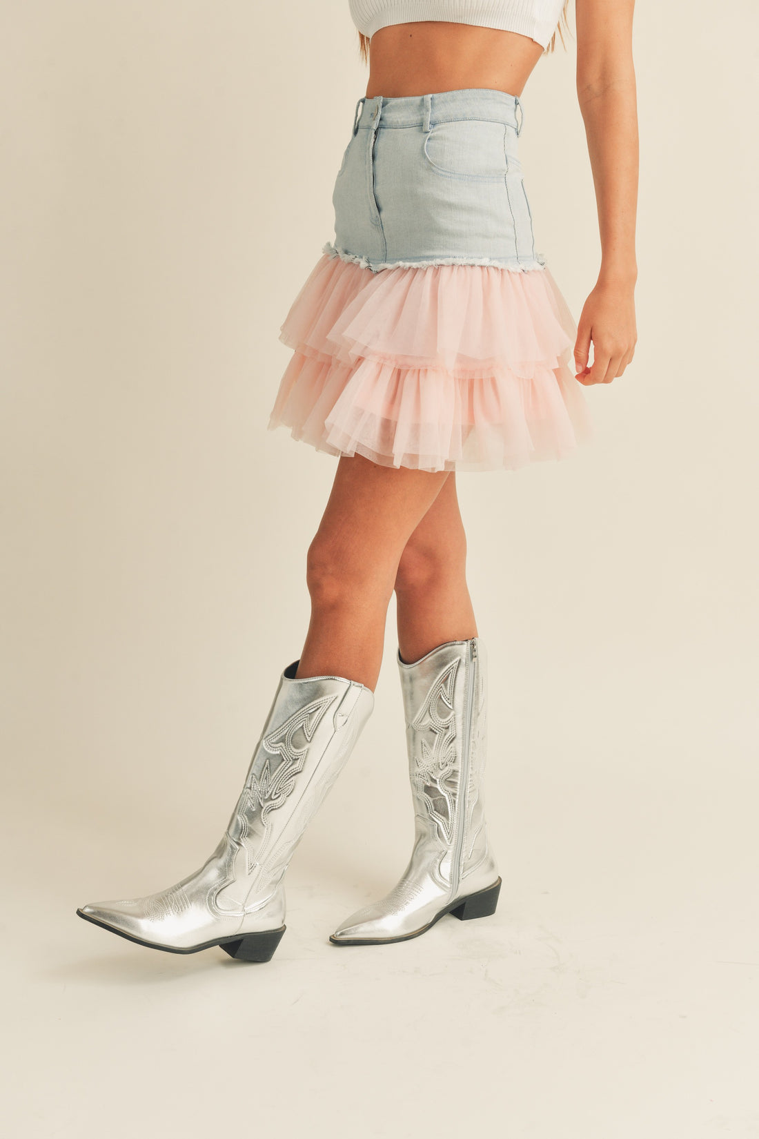 Denim Mini Skirt with Tulle