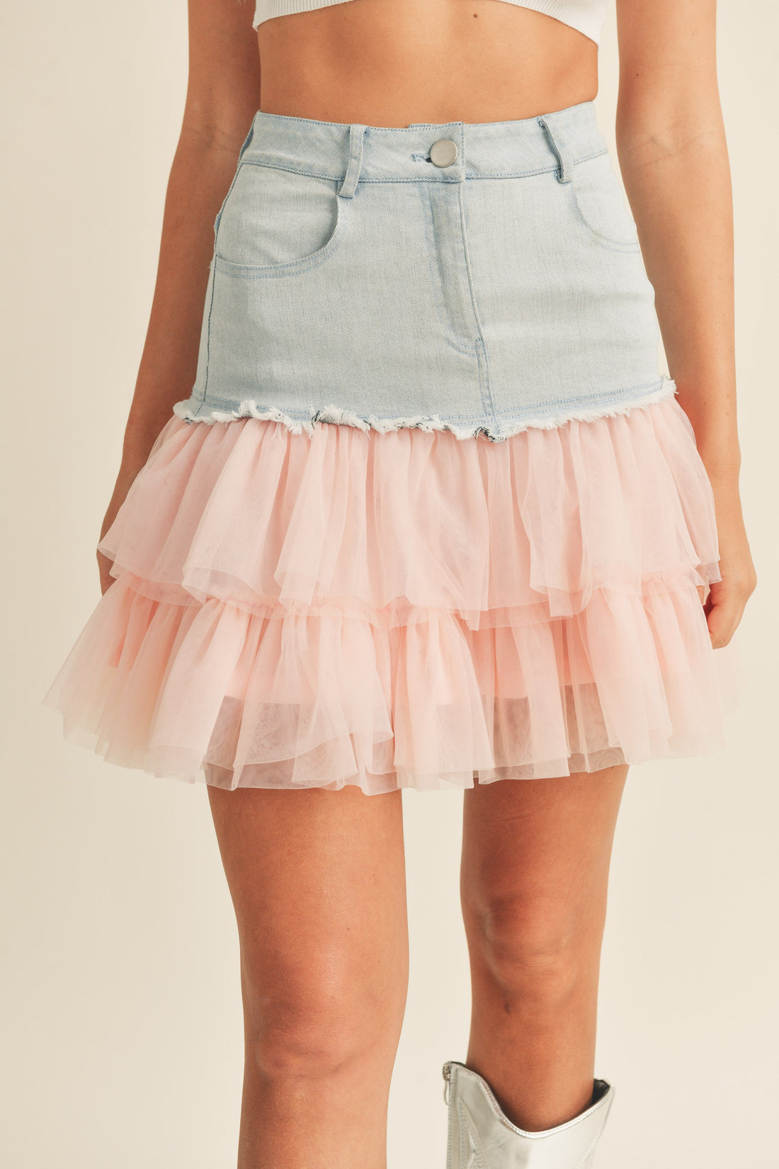Denim Mini Skirt with Tulle