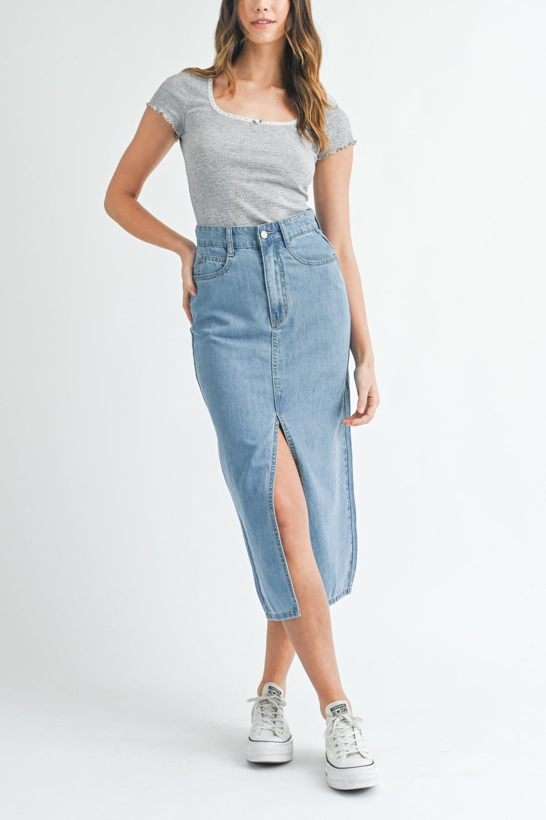 Front Slit Denim Midi Skirt