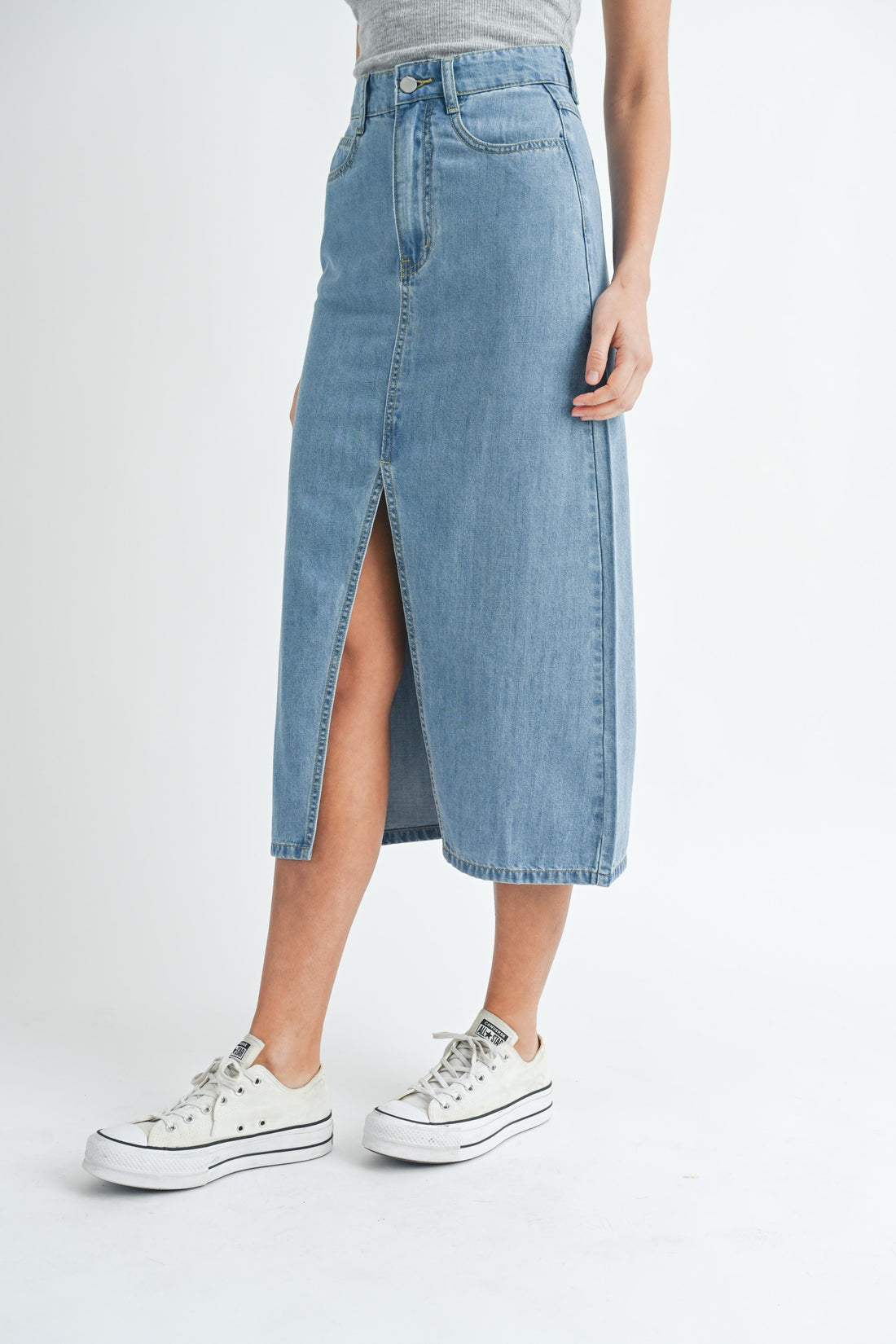 Front Slit Denim Midi Skirt