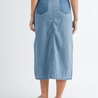 Front Slit Denim Midi Skirt