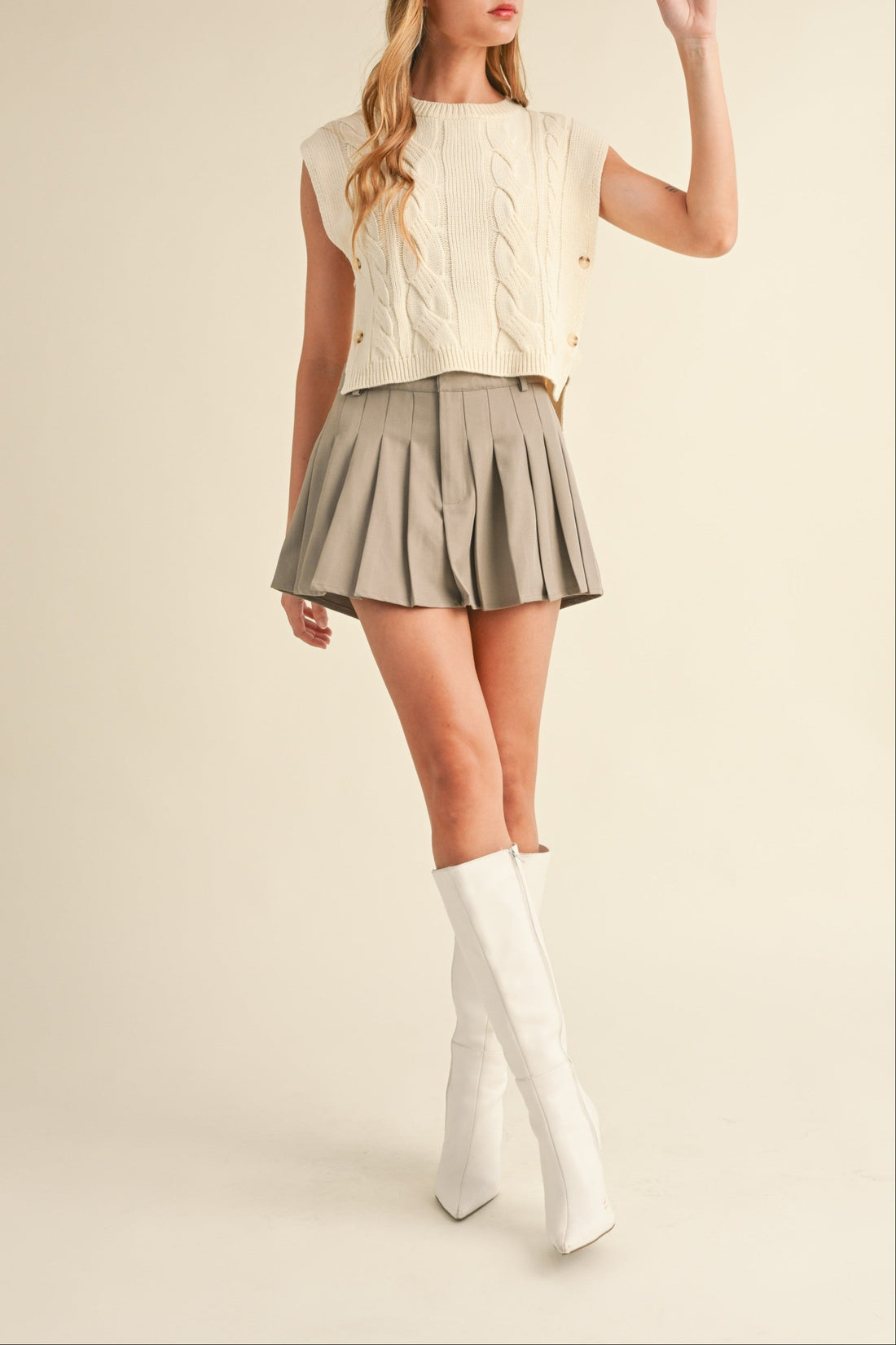 Contrast Waist band Pleated Mini Skirt