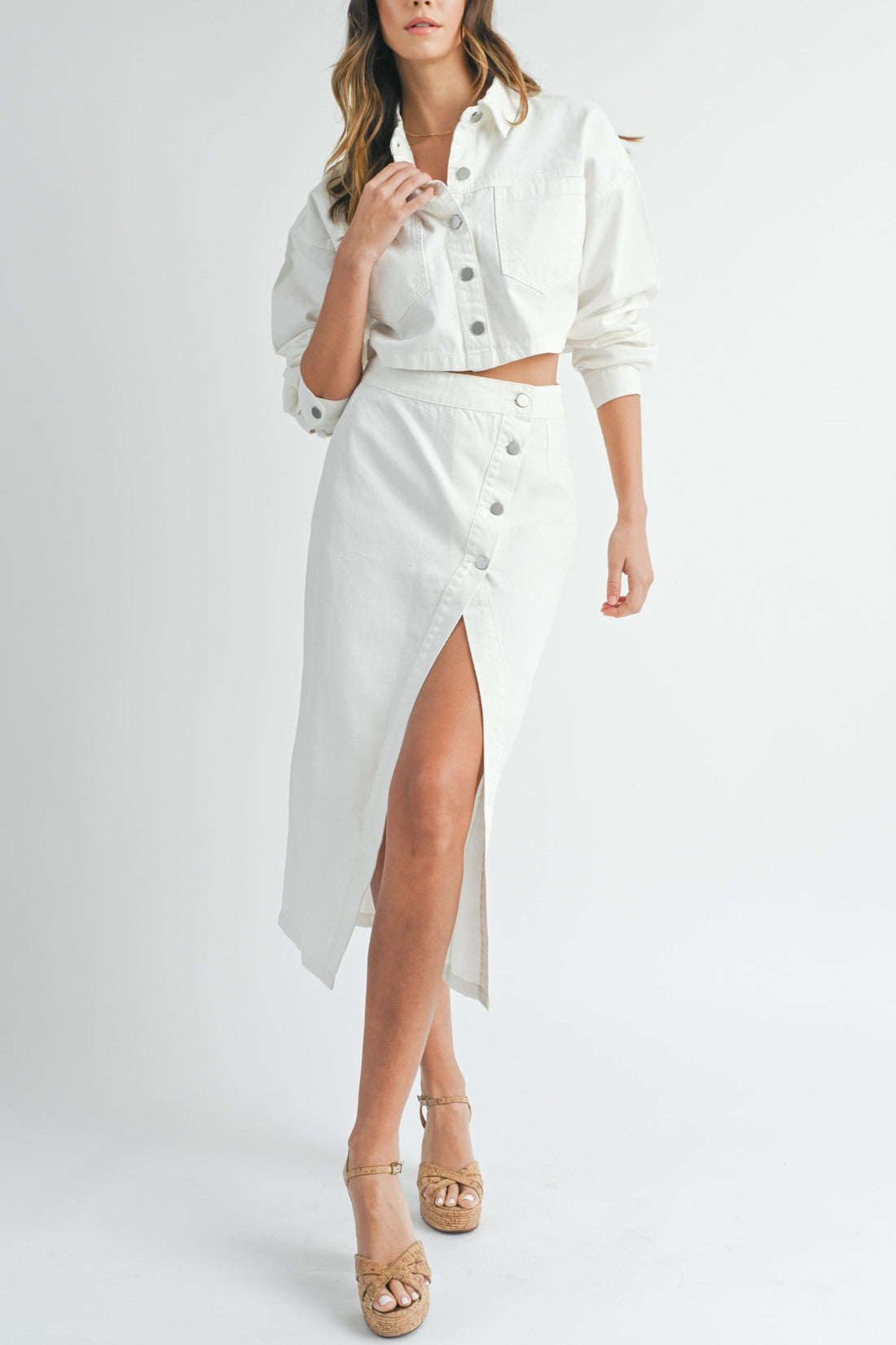 White Denim Crop Jacket and Slit Skirt Set