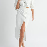 White Denim Crop Jacket and Slit Skirt Set