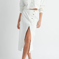 White Denim Crop Jacket and Slit Skirt Set