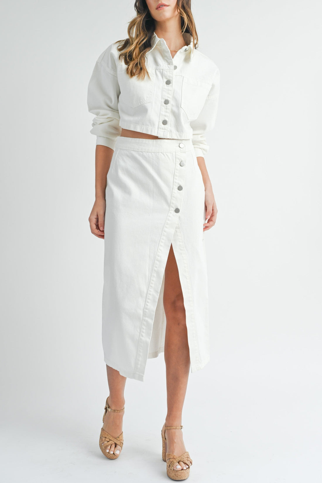 White Denim Crop Jacket and Slit Skirt Set