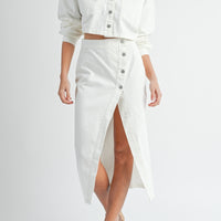 White Denim Crop Jacket and Slit Skirt Set