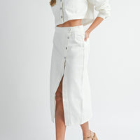 White Denim Crop Jacket and Slit Skirt Set