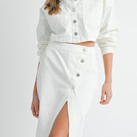 White Denim Crop Jacket and Slit Skirt Set
