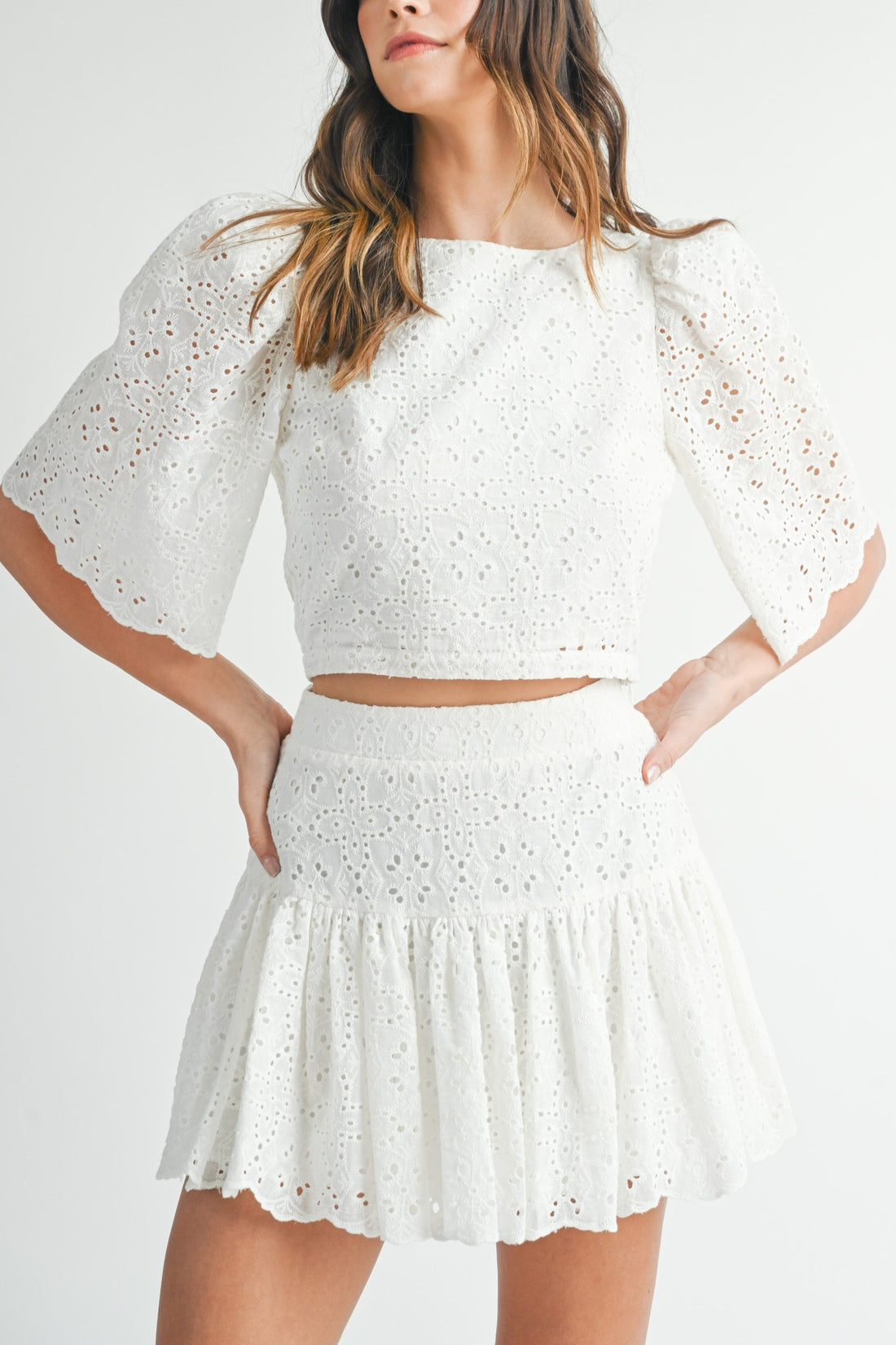Eyelet Lace Puff Sleeve Crop Top & Skirt Set