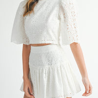 Eyelet Lace Puff Sleeve Crop Top & Skirt Set