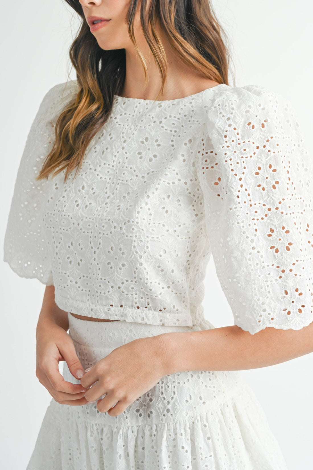 Eyelet Lace Puff Sleeve Crop Top & Skirt Set