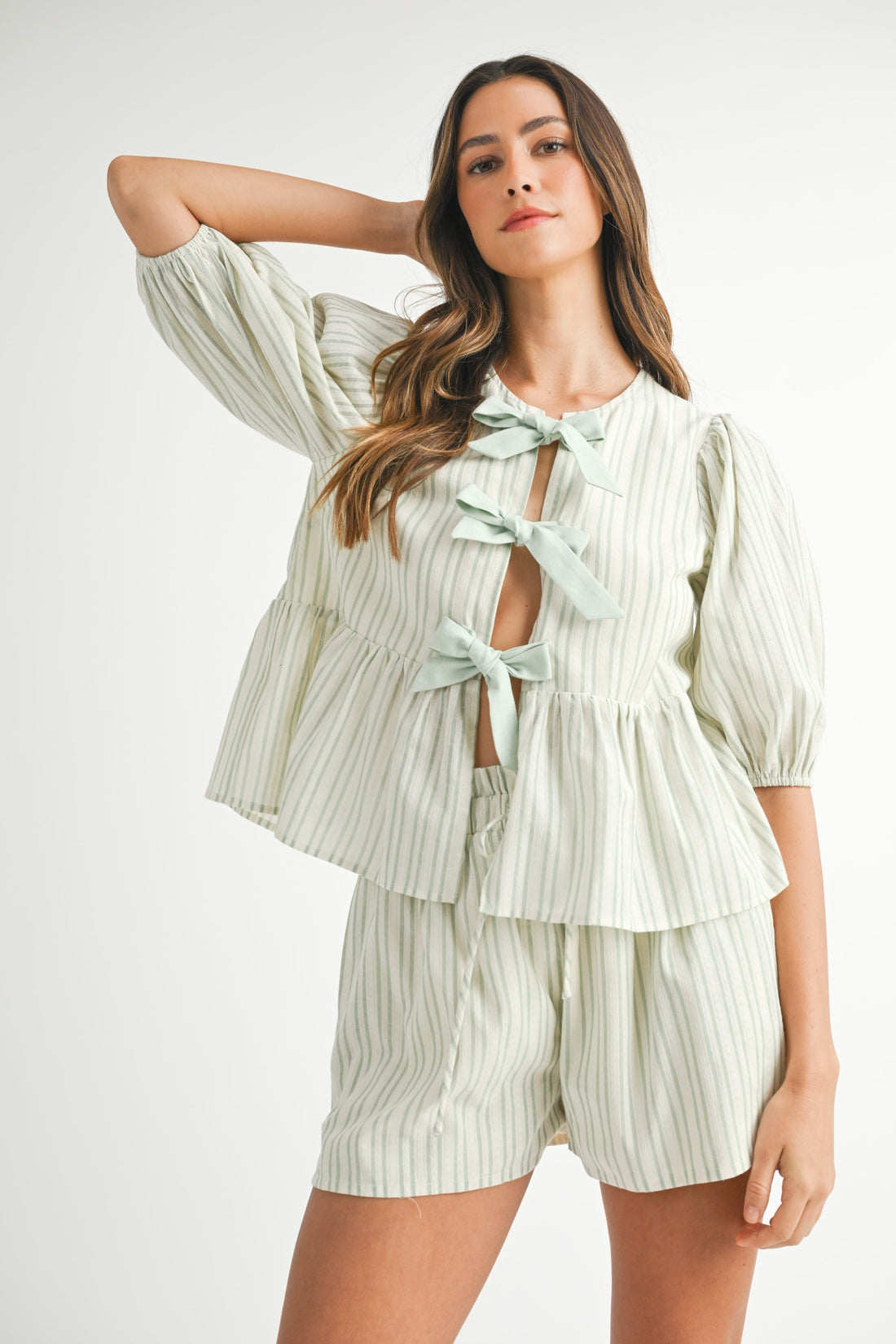 Bow Tie Front Puff Sleeve Peplum Top & Shorts Set