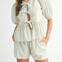 Bow Tie Front Puff Sleeve Peplum Top & Shorts Set