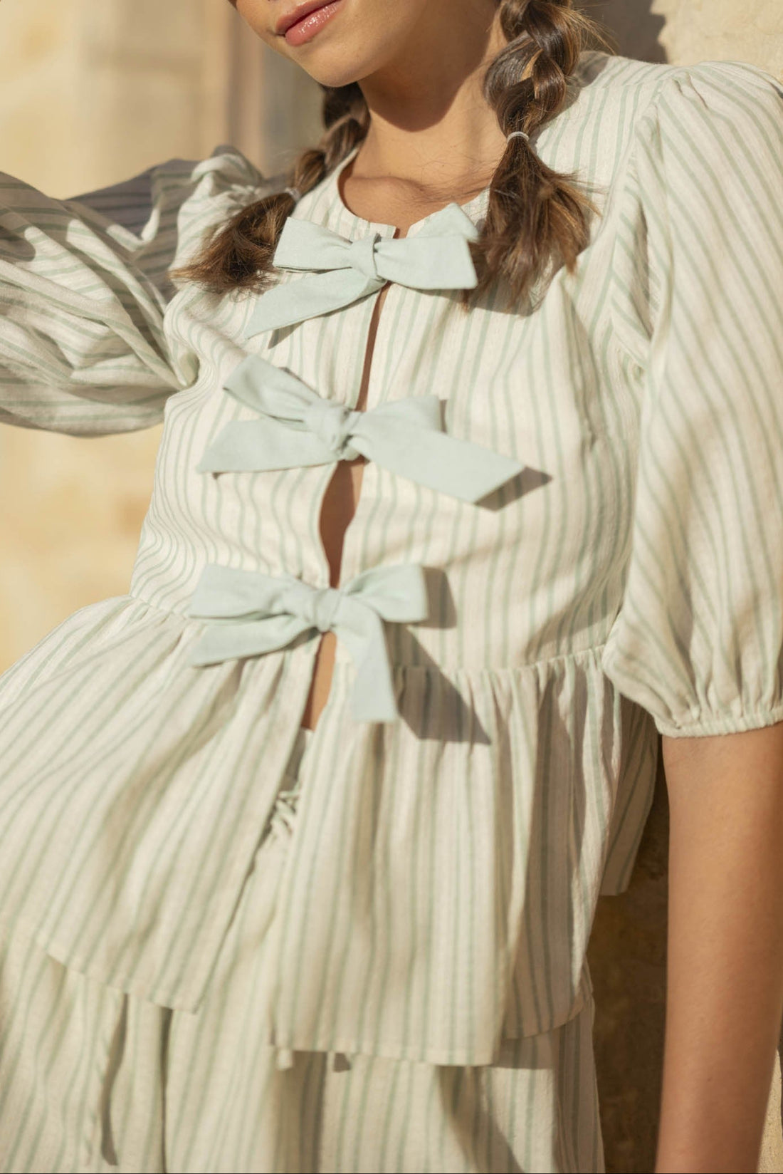 Bow Tie Front Puff Sleeve Peplum Top & Shorts Set