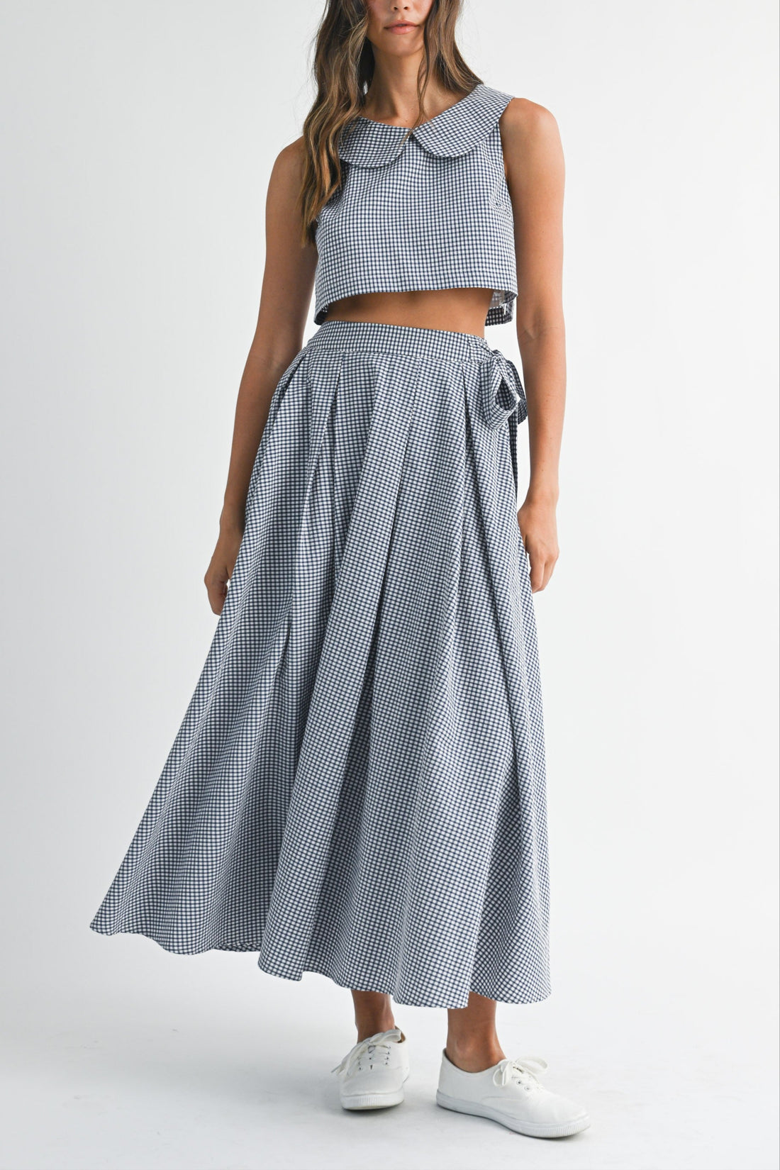 Gingham Cute Collar Crop Top & Maxi Skirt Set