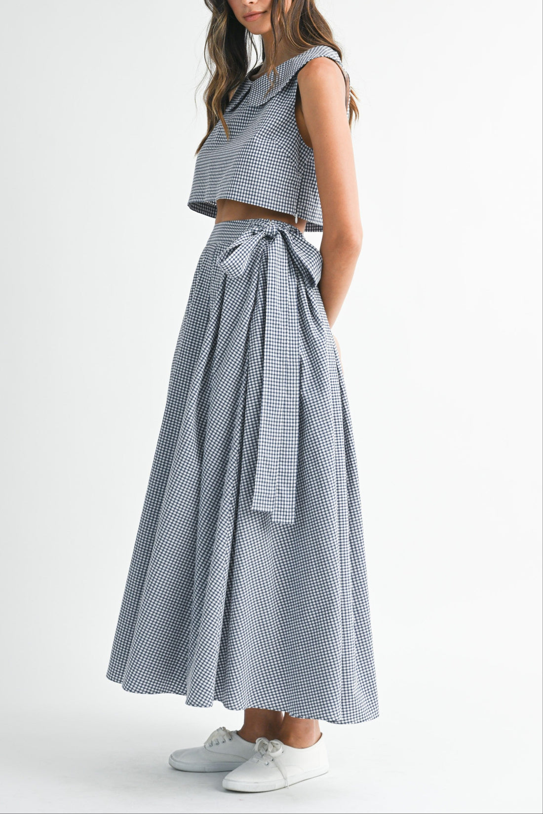 Gingham Cute Collar Crop Top & Maxi Skirt Set