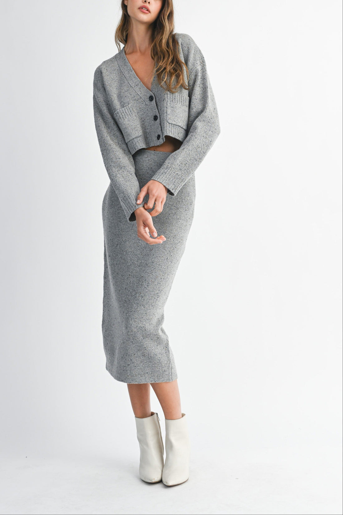 Knit Cropped Cardigan & Midi Skirt Set