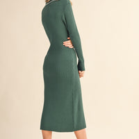 Ribbed Knit Midi Dress with Contrast Stitch Collar