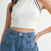 Halter Neck Contrast Knit Crop Top