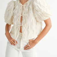 Textured Scallop Puff Sleeve Blouse Top