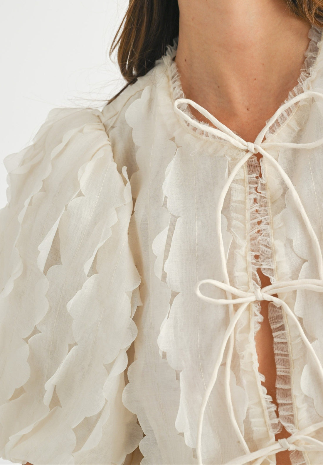 Textured Scallop Puff Sleeve Blouse Top