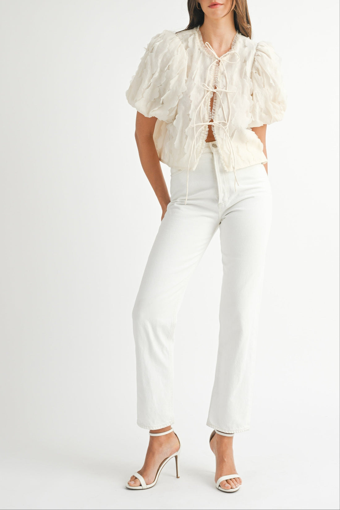Textured Scallop Puff Sleeve Blouse Top