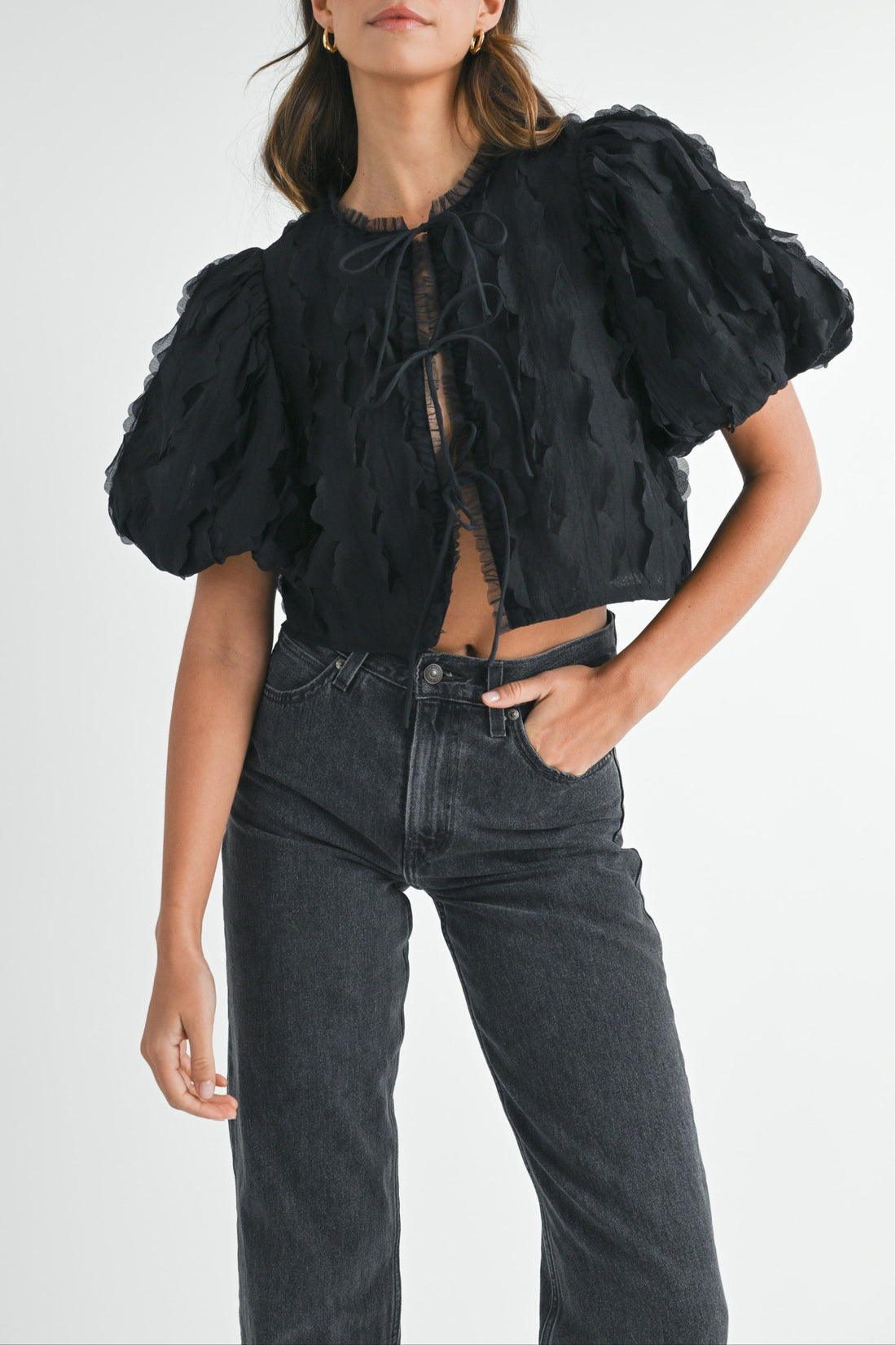 Textured Scallop Puff Sleeve Blouse Top