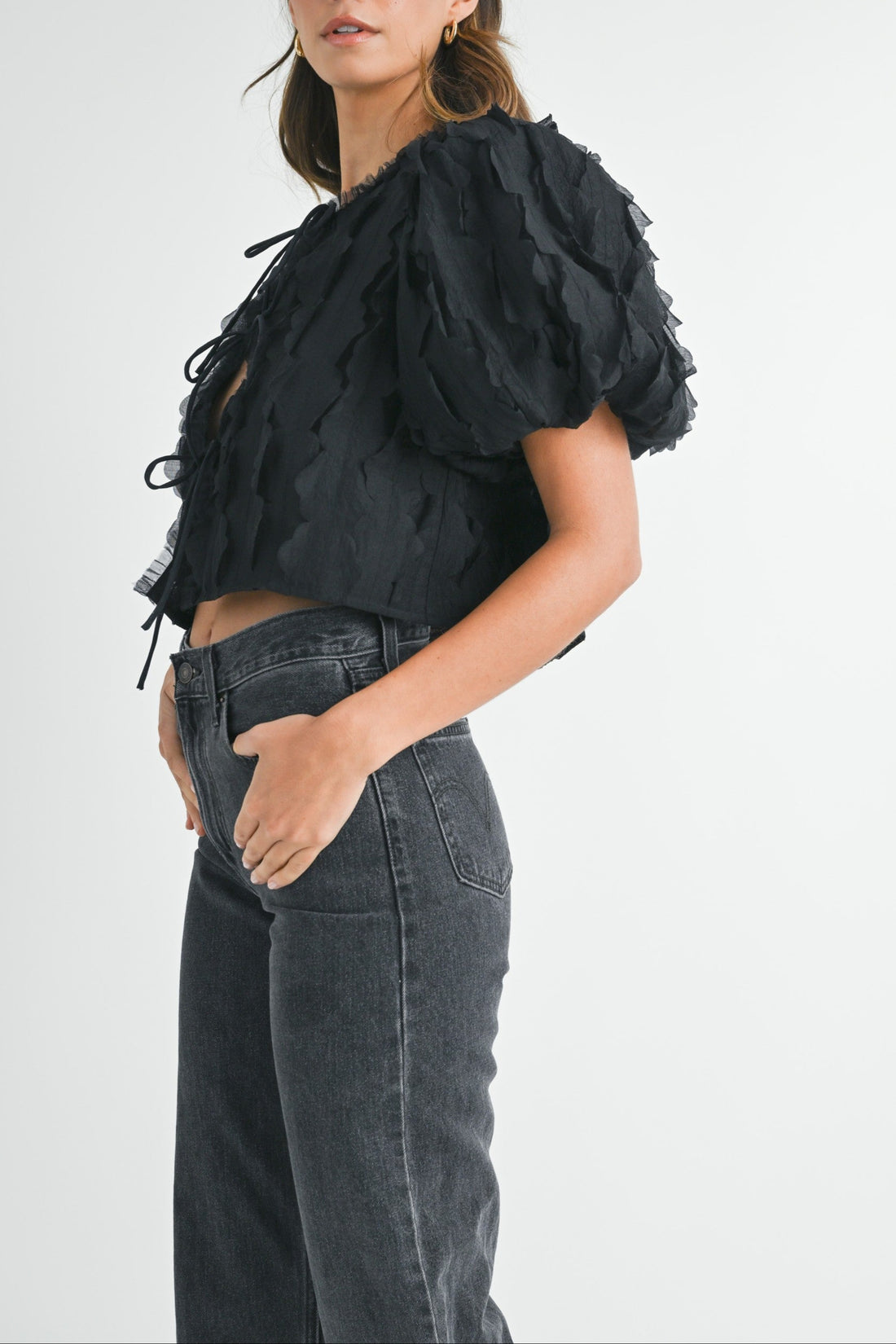 Textured Scallop Puff Sleeve Blouse Top