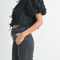 Textured Scallop Puff Sleeve Blouse Top