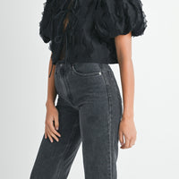 Textured Scallop Puff Sleeve Blouse Top