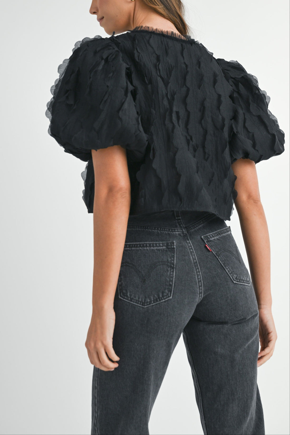 Textured Scallop Puff Sleeve Blouse Top