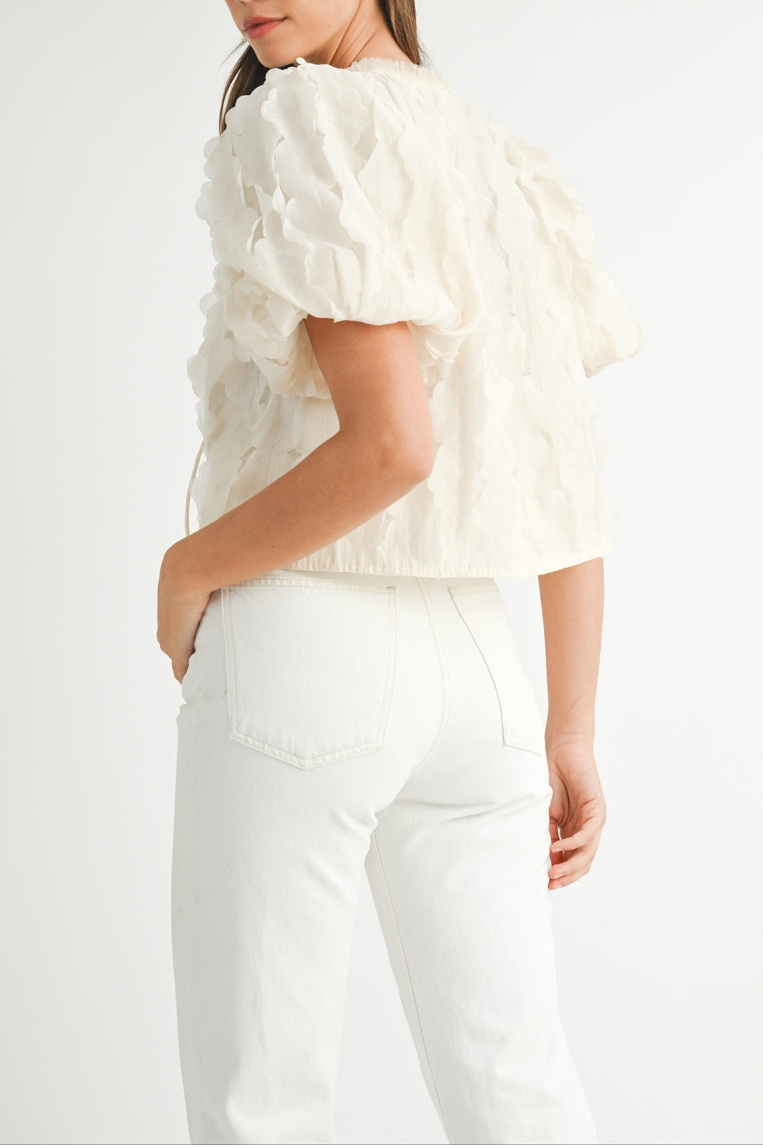 Textured Scallop Puff Sleeve Blouse Top