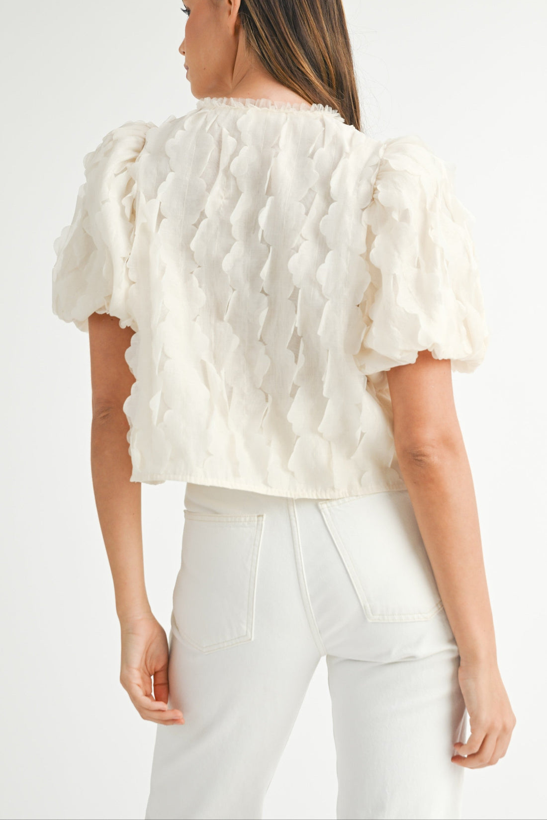 Textured Scallop Puff Sleeve Blouse Top