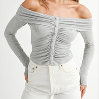 Ruched Ribbed Jersey Off Shoulder Top