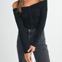 Ruched Ribbed Jersey Off Shoulder Top