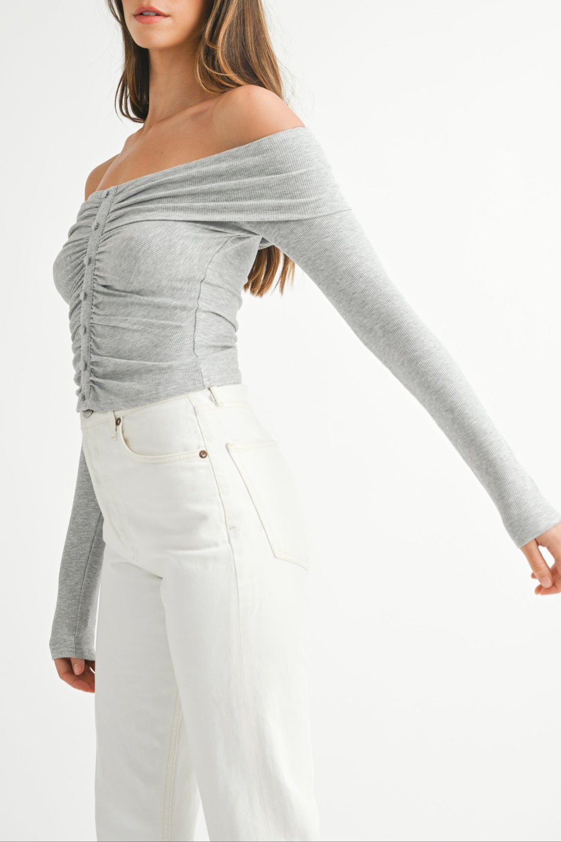 Ruched Ribbed Jersey Off Shoulder Top