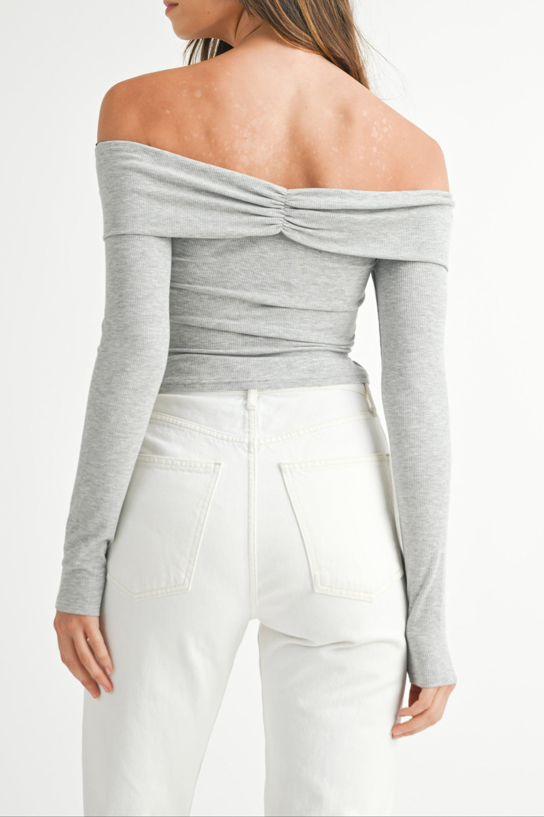 Ruched Ribbed Jersey Off Shoulder Top