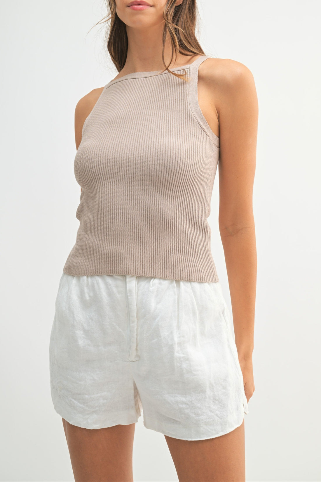Ribbed Knit High Neck Sleeveless Top