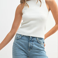 Ribbed Knit High Neck Sleeveless Top