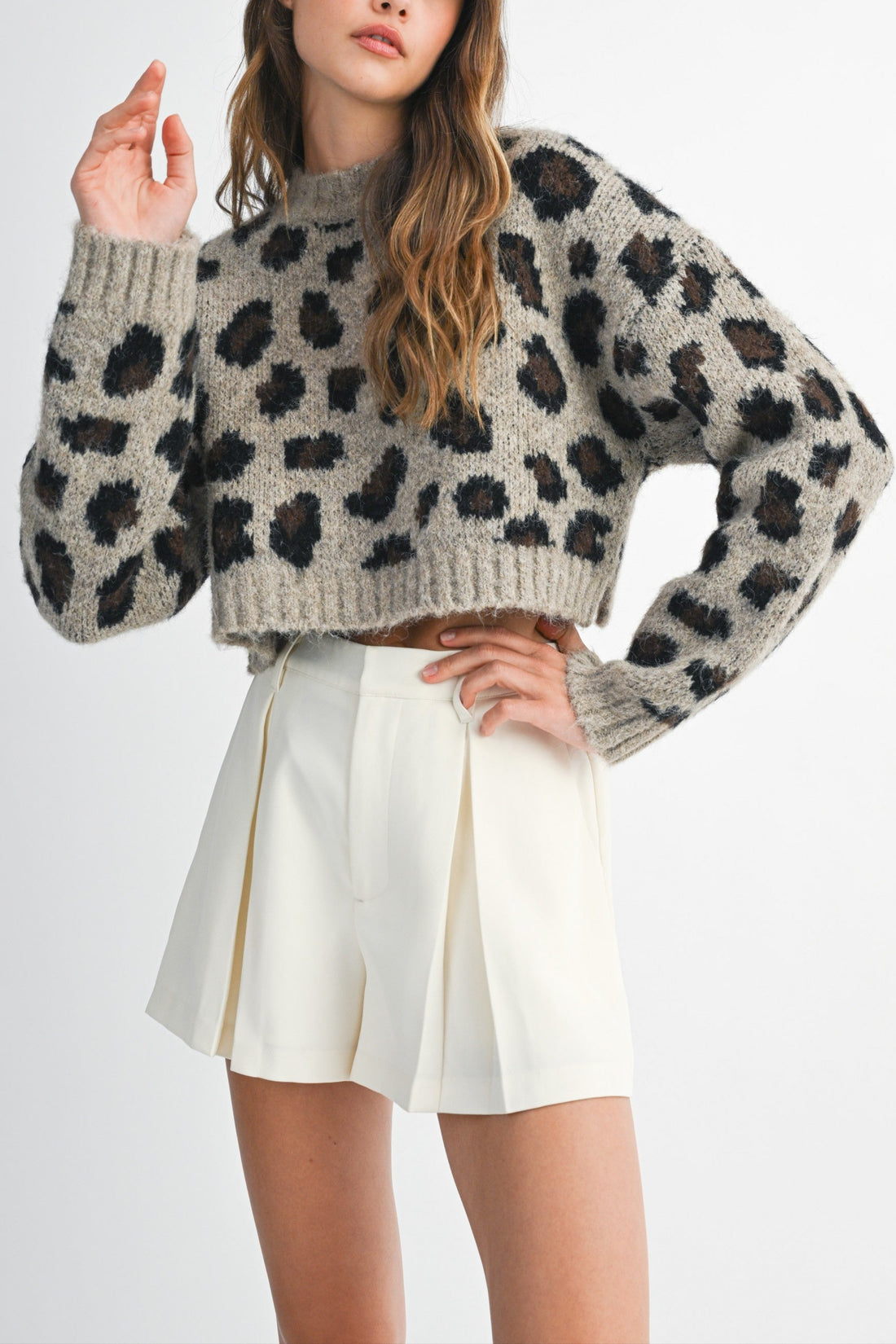 Fuzzy Leopard Print Cropped Sweater