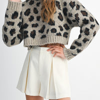 Fuzzy Leopard Print Cropped Sweater