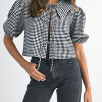 Gingham Puff Sleeve Tie-Front Cropped Blouse