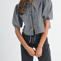 Gingham Puff Sleeve Tie-Front Cropped Blouse